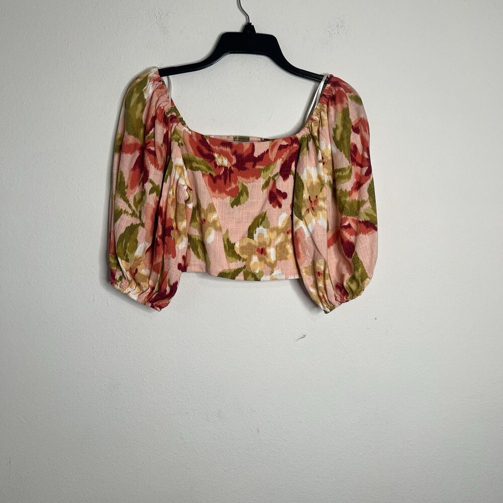 Paper Heart Crop Top Linen Blend Puff Sleeve Floral Print Size Small